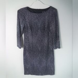 Jessica Howard Glitter Knit Sheath Dress Y2K Black Silver 3/4 Sleeve Midi
